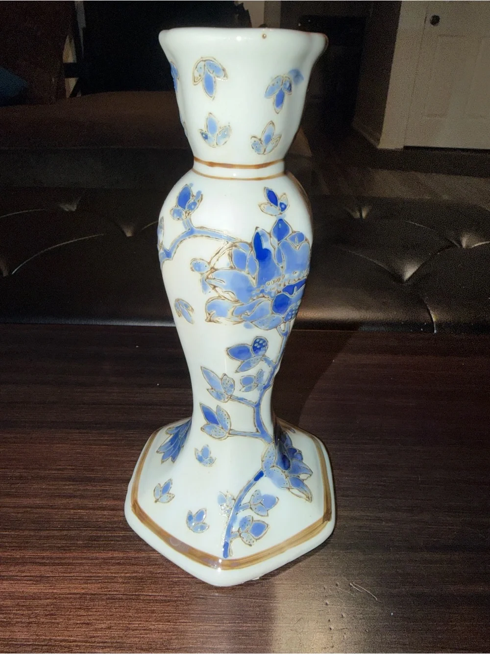 Vintage White Porcelain Vase Blue Birds Floral Gold Trim Asian Style